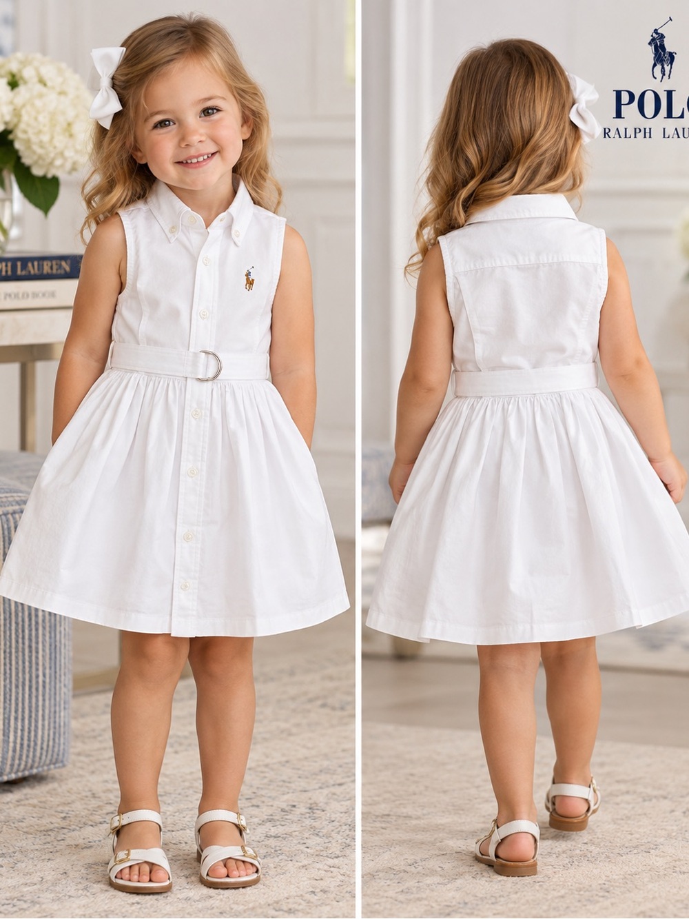 Polo Ralph Lauren Girls Classic Oxford Belted Dress White Size 3 NWT $69.50